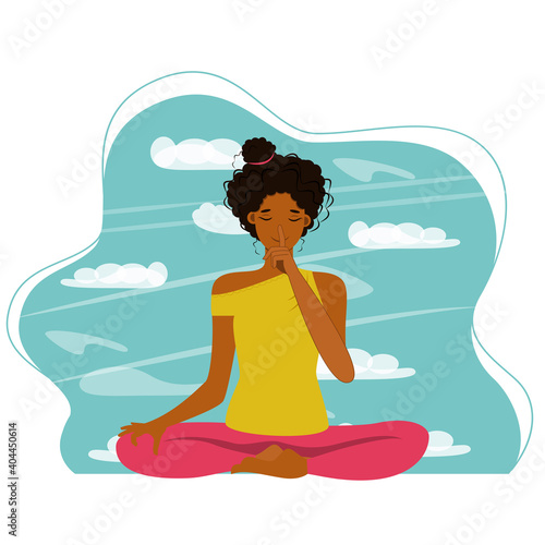 Young woman with closed eyes sitting cross legged on floor and meditating. 
Yoga retreat, spiritual practice, Vipassana Buddhist meditation. Flat cartoon vector illustration.

