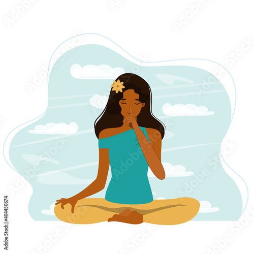Young woman with closed eyes sitting cross legged on floor and meditating. 
Yoga retreat, spiritual practice, Vipassana Buddhist meditation. Flat cartoon vector illustration.

