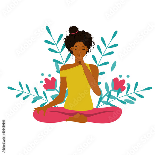 Young woman with closed eyes sitting cross legged on floor and meditating. 
Yoga retreat, spiritual practice, Vipassana Buddhist meditation. Flat cartoon vector illustration.

