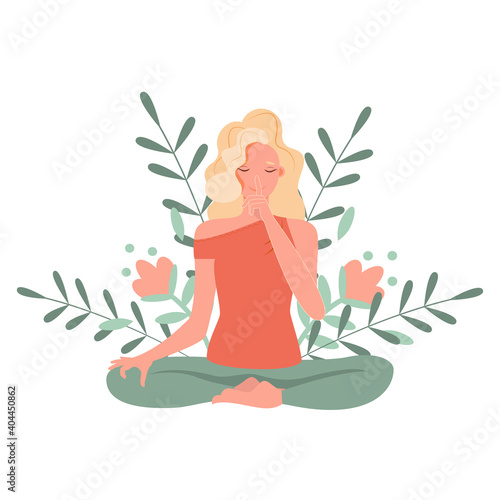 Young woman with closed eyes sitting cross legged on floor and meditating. 
Yoga retreat, spiritual practice, Vipassana Buddhist meditation. Flat cartoon vector illustration.

