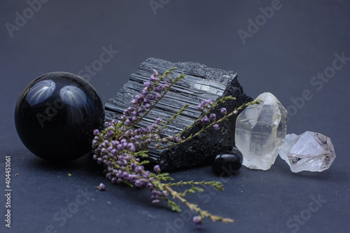 semiprecious stones - black tourmaline amethyst, smoky quartz and obsidian with heather branch