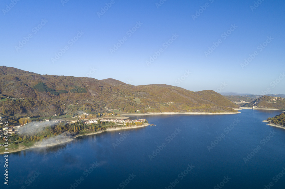 Aerial view of Lake Turano in Rieti, Castel di tora, colle di tora and Ascrea lakeside villages