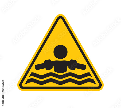 Vector yellow triangle sign - baby with water wings on waves. Isolated on white background.