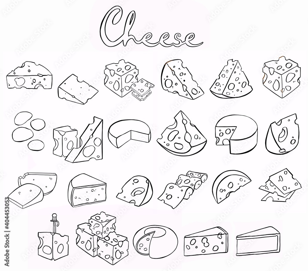 Cheese isolated on a white background, Hand drawn cheese outline illustration. Cheese sketch, doodle collection, Set of cheese icons. High quality illustration Cheese isolated on a white background, Hand drawn cheese outline illustration. Cheese sketch, doodle collection, Set of cheese icons. High quality illustration