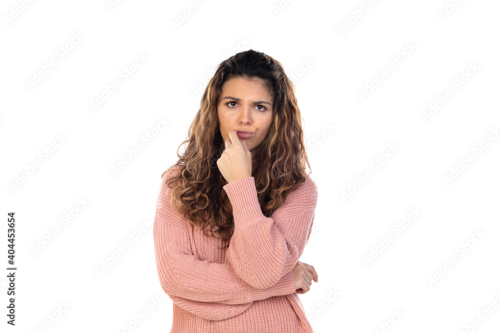 Beautiful middle aged woman with pink woolen sweater Beautiful middle aged woman with pink woolen sweater