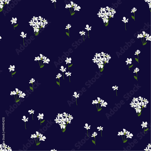 Seamless floral pattern painted by hand. Cute simple white flowers on dark blue background. Floral vintage background for textile, cover, wallpaper, gift packaging, printing, scrapbooking.
