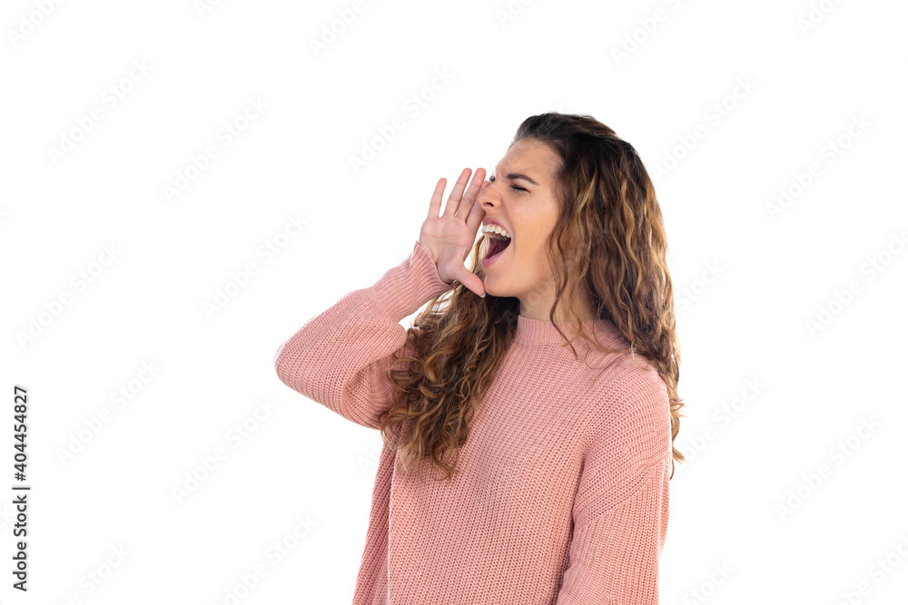 Beautiful middle aged woman with pink woolen sweater Beautiful middle aged woman with pink woolen sweater