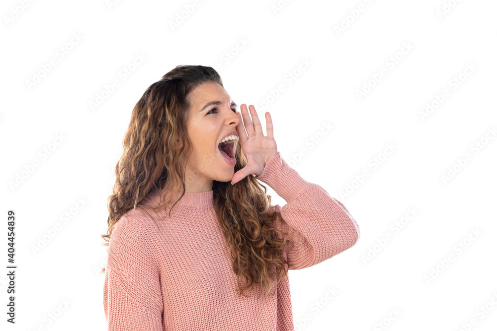 Beautiful middle aged woman with pink woolen sweater Beautiful middle aged woman with pink woolen sweater