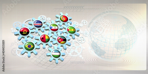Abstract concept image with flags of The Community of Portuguese Language partner nations on gear wheels working together within the mechanism of cooperation between the member states. 3D illustration photo