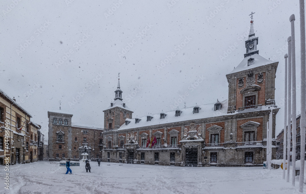Town hall in madrid theater covered by snow from the storm philomena