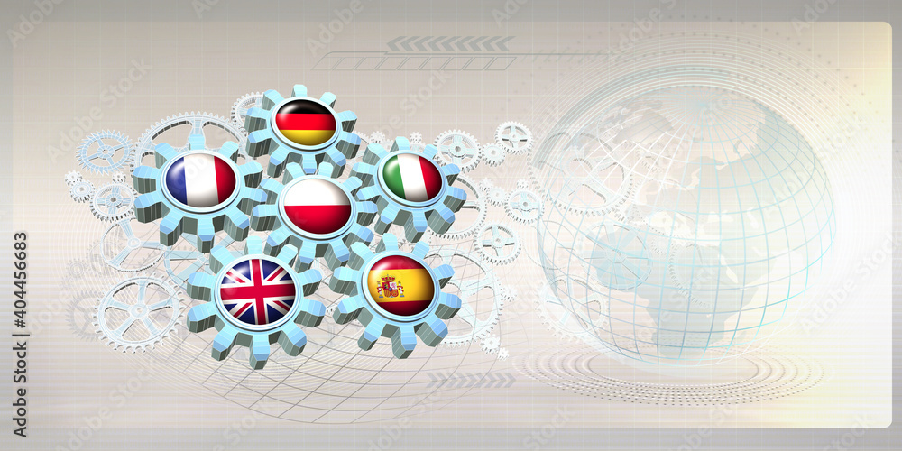 Abstract concept image with flags of The Group of Six or G6 countries (the six countries with the largest populations in the European Union) on gear wheels. 3D illustration