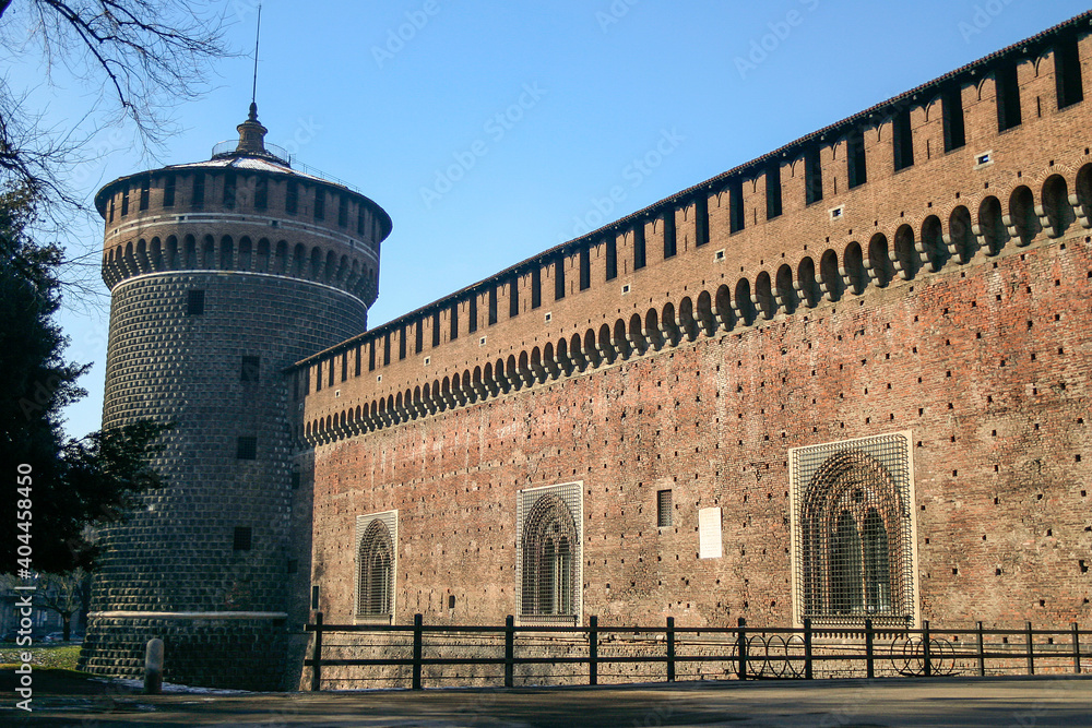 The Sforza Castle in Milan, It was built in the 15th century by Francesco Sforza, Duke of Milan Lombardy. Landmark of Italy