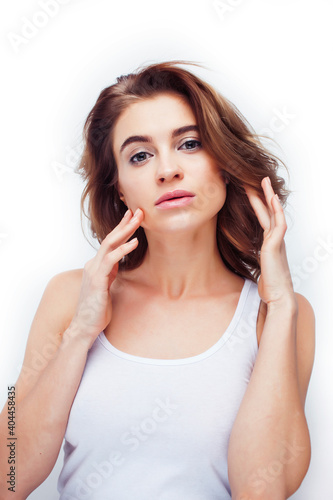 beauty blond woman with long curly hair close up isolated  hairstyle waves smiling