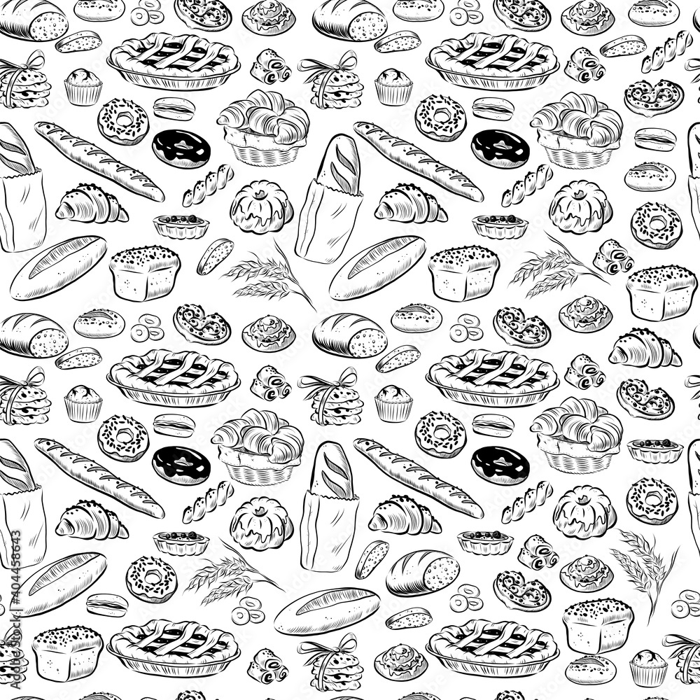 Vector seamless pattern with bakery goods - pie, bread, cookie, donut, croissant - outline isolated objects on white background. Hand drawn sketch style. Vector illustration. Packaging wrapping paper.