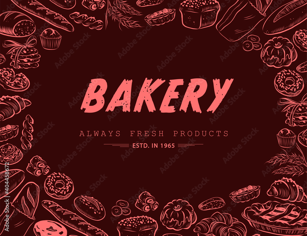 Baked goods advertising design with text place and hand drawn bakery goods dark background pattern around. Doodle style, vector menu cover illustration. Baked goods advertising design with text place and hand drawn bakery goods dark background pattern around. Doodle style, vector menu cover illustration.
