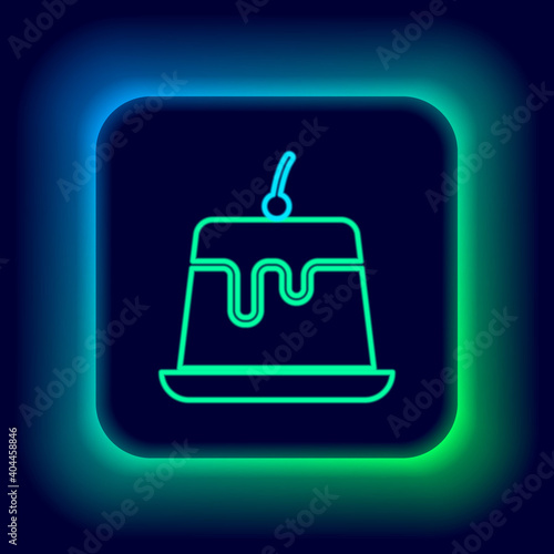 Glowing neon line Pudding custard with caramel glaze icon isolated on black background. Colorful outline concept. Vector.