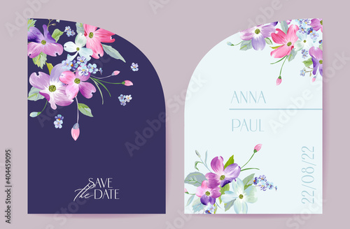 Wedding spring blooming floral vector card. Dogwood blossom flowers invitation. Watercolor template frame