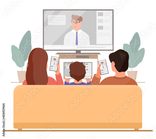 The family watches TV on the couch, while each member is on the phone. Evening relaxation and home entertainment. Vector illustration.