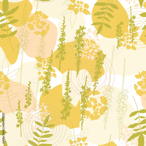 Floral botanical vector seamless pattern with hand drawn agrimony flowers and tropical leaves in pastel colors. Abstract botanical motif with stylized hostas or hydrangea leaves.