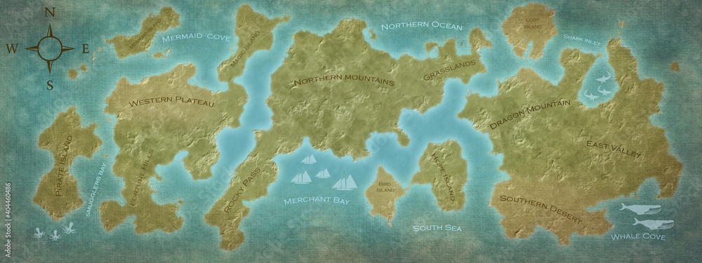 Fantasy map illustration of a mythical land