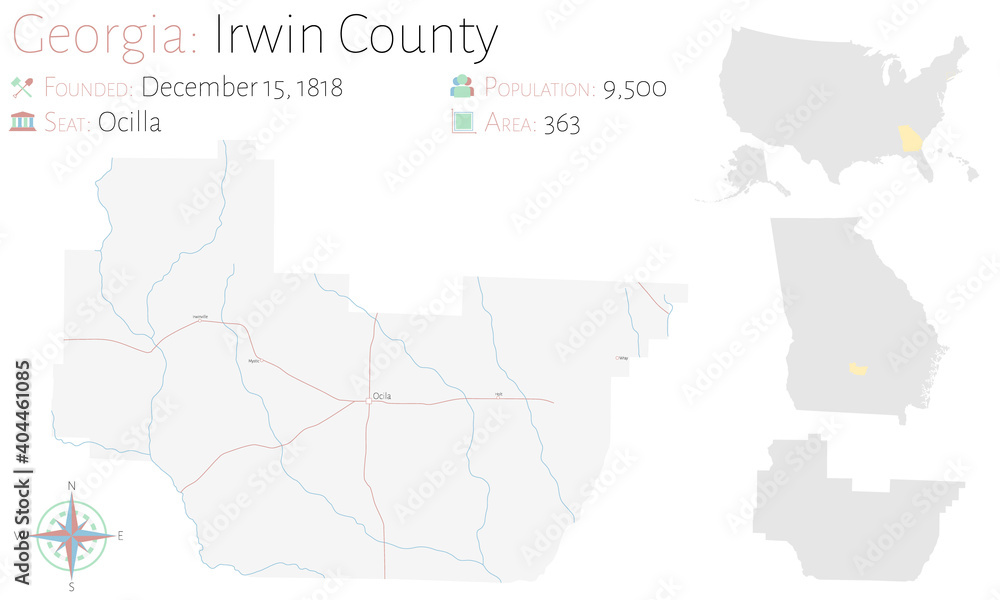 Large and detailed map of Irwin county in Georgia, USA.