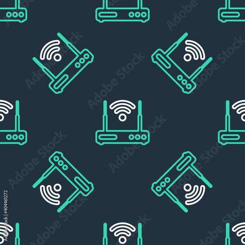 Line Router and wi-fi signal symbol icon isolated seamless pattern on black background. Wireless ethernet modem router. Computer technology internet. Vector.