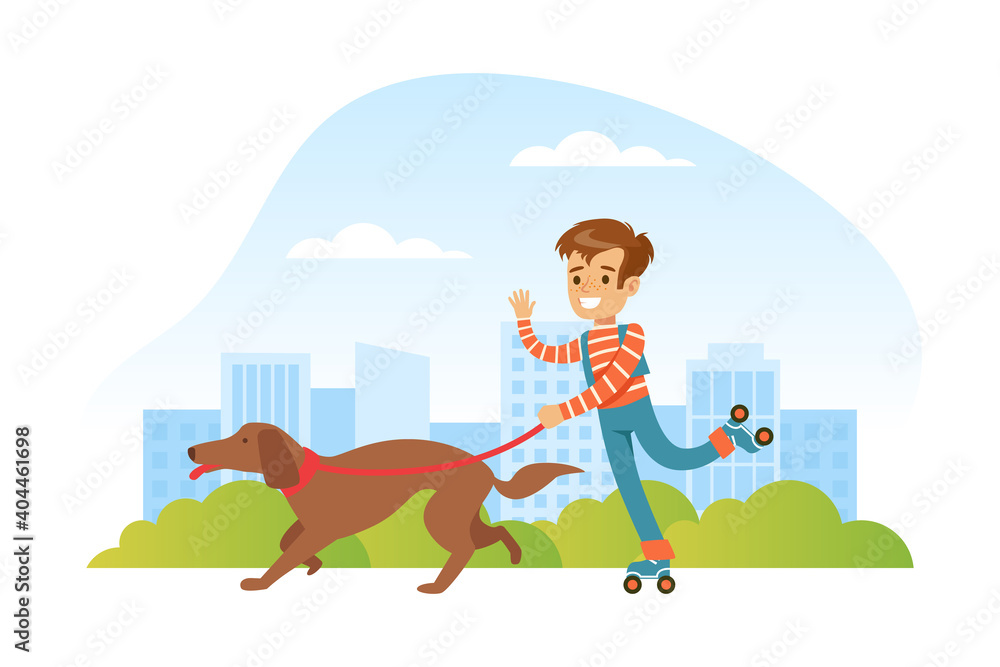 Happy Boy Walking with his Dog in Urban Park, Pet Animal Dragging Rollerblading Boy on Summer Landscape Cartoon Vector Illustration