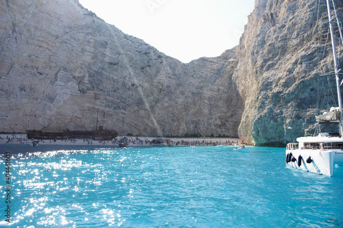 Navagio beach, Shipwreck Bay in Zakynthos, Greece, view from the yacht