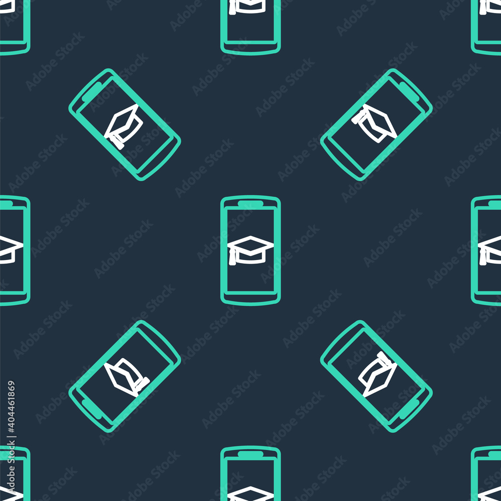 Line Graduation cap on screen smartphone icon isolated seamless pattern on black background. Online learning or e-learning concept. Vector. Line Graduation cap on screen smartphone icon isolated seamless pattern on black background. Online learning or e-learning concept. Vector.