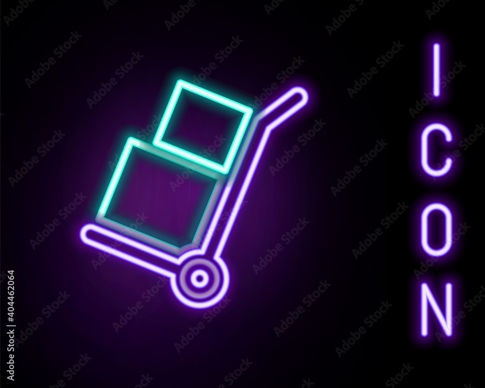 Glowing neon line Hand truck and boxes icon isolated on black background. Dolly symbol. Colorful outline concept. Vector. Glowing neon line Hand truck and boxes icon isolated on black background. Dolly symbol. Colorful outline concept. Vector.