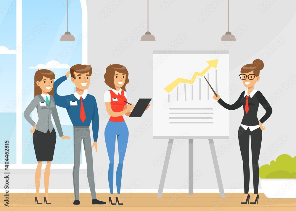 Obraz premium Businesswoman Making Presentation and Explaining Chart on Whiteboard, Business Conference Room with Working People Flat Vector Illustration