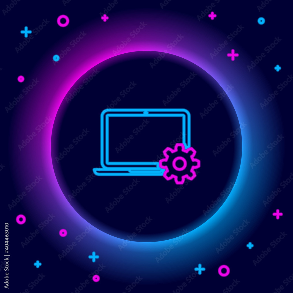 Glowing neon line Laptop and gear icon isolated on black background. Adjusting, service, setting, maintenance, repair, fixing. Colorful outline concept. Vector.