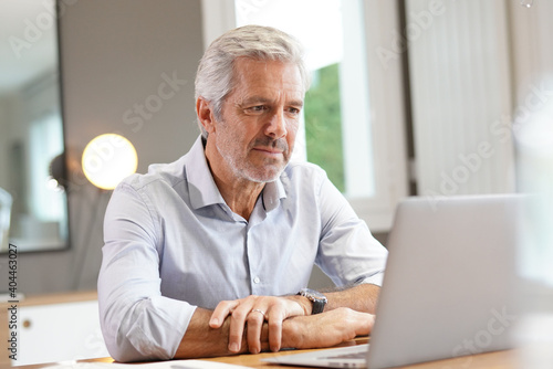 Portrait of handsome senior businessman working on laptop