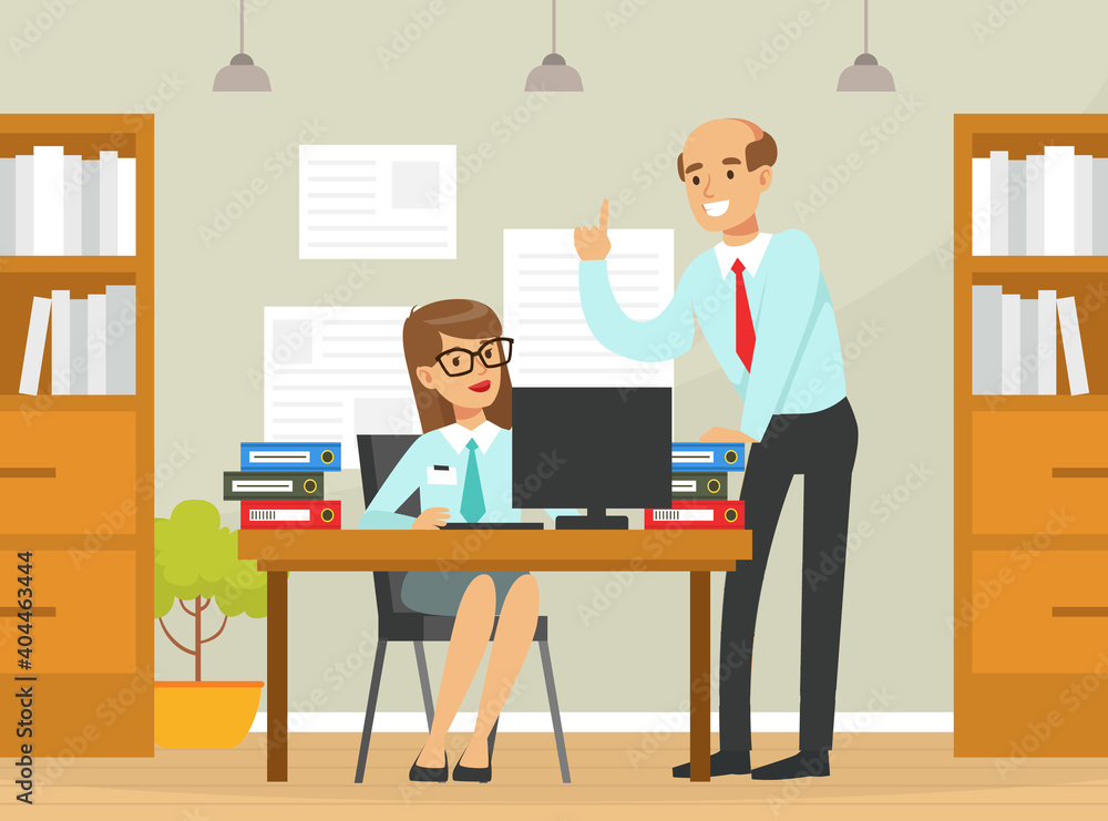 Company Boss Giving Tasks to Female Employee who Working at Computer, Leadership, Effective and Productive Management Concept Flat Vector Illustration Company Boss Giving Tasks to Female Employee who Working at Computer, Leadership, Effective and Productive Management Concept Flat Vector Illustration