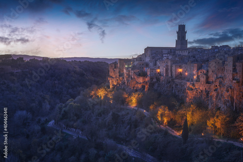 Tuscany, Pitigliano medieval village at blue hour. Italy