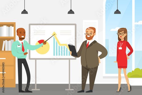 Businessman Making Presentation and Explaining Chart on Whiteboard, Business People or Office Workers Characters Working on Project Flat Style Vector Illustration