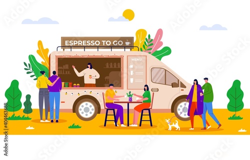 Street Food Festival, people buying takeaway coffee in truck, vehicle. Mobile coffee shop, cafe on wheels with barista. Characters sitting at table and walking together in city park, vector concept