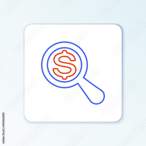 Line Magnifying glass and dollar icon isolated on white background. Find money. Looking for money. Colorful outline concept. Vector.