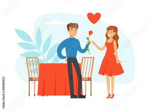 Young Couple Having Romantic Date in Cafe, Man and Woman in love Celebrating Valentines Day Cartoon Vector Illustration
