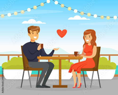 Young Couple Sitting in Cafe Outdoors, Man and Woman Having Romantic Date Cartoon Vector Illustration