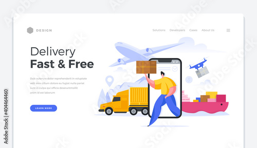 Global fast and free shipping home page template. High quality online logistics delivery goods around world.