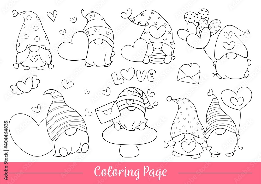 Draw illustration coloring page of cute gnome for valentine. Stock ...