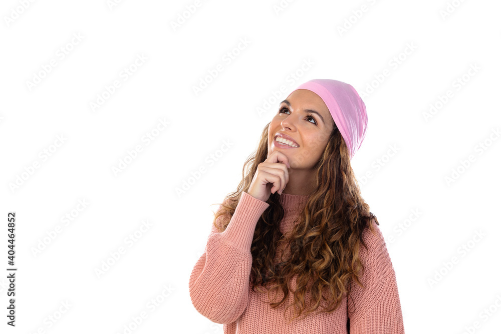 Hopeful woman with cancer wearing a thoughtful pink scarf Hopeful woman with cancer wearing a thoughtful pink scarf