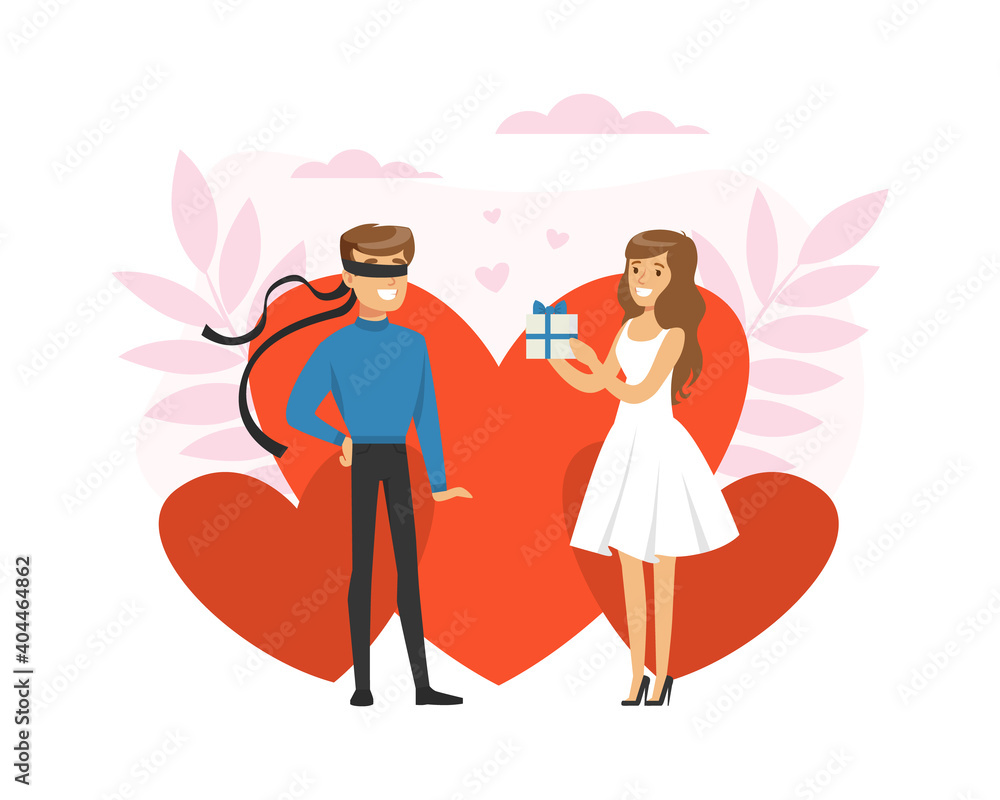Guy Having Blind Date, People Finding Love, Blindfolded Man and Girl Met through Online Dating Application or Website Vector Illustration Guy Having Blind Date, People Finding Love, Blindfolded Man and Girl Met through Online Dating Application or Website Vector Illustration