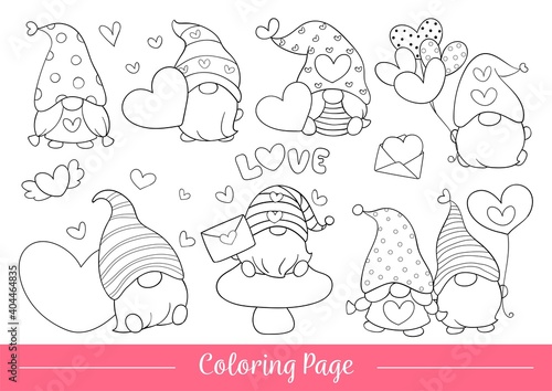 Draw illustration coloring page of cute gnome for valentine.