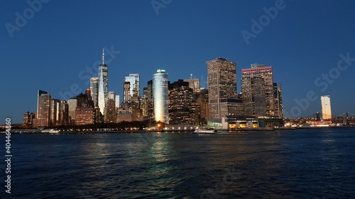 Manhattan financial district from Staten Island Ferry at dusk