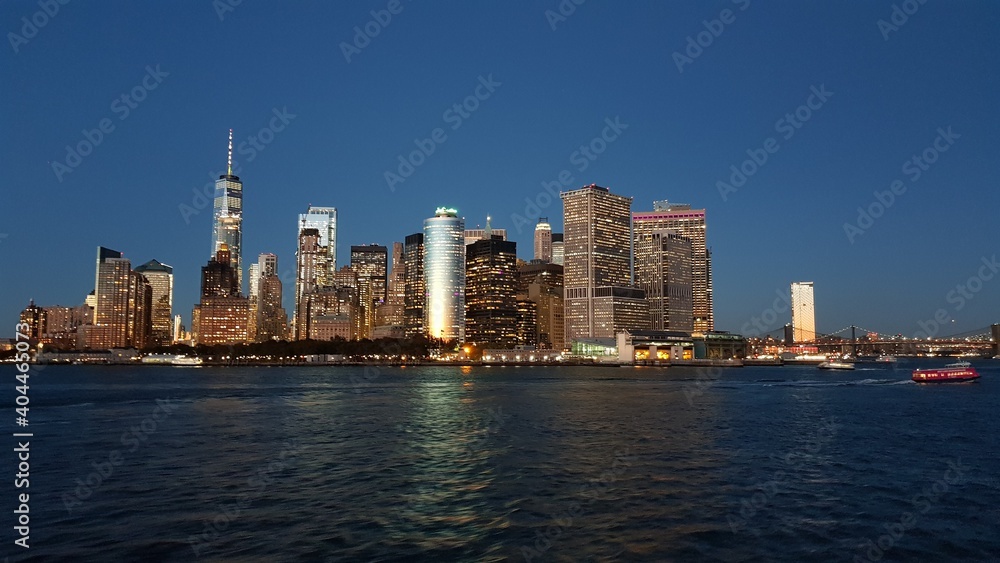 Manhattan financial district from Staten Island Ferry