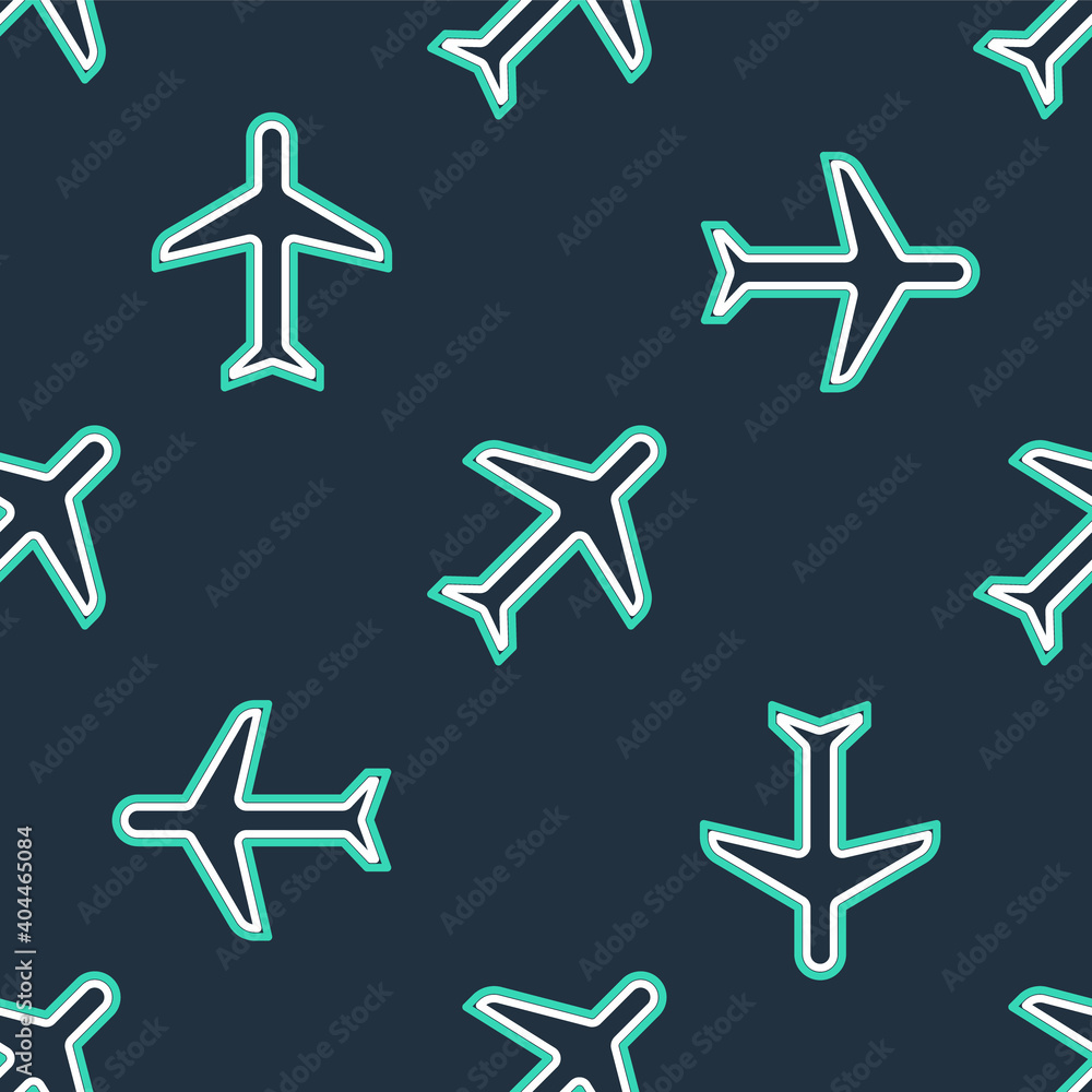 Line Plane icon isolated seamless pattern on black background. Flying airplane icon. Airliner sign. Vector.