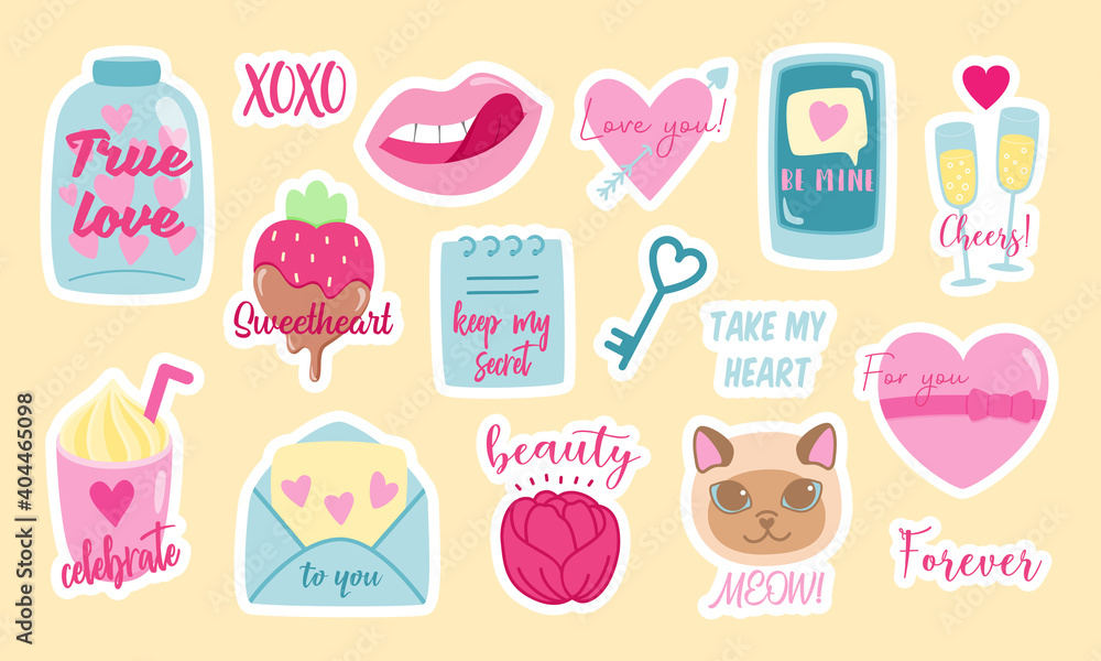 Set of girlish stickers For Valentines Day Set of girlish stickers For Valentines Day