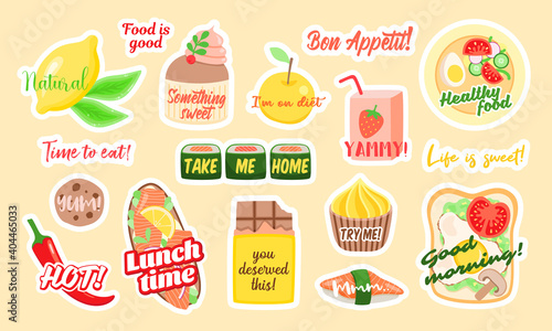 Stickers of various healthy and unhealthy snacks